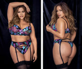 Mapale 8770x three piece set black lace-trimmed lingerie with vibrant purple blue teal floral print