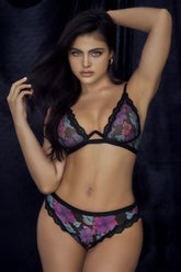 Black lace bra and matching panties with vibrant purple pink teal floral print from Mapale 8771 two piece set