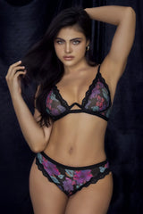 Black lace bra and matching panties with vibrant purple pink teal floral print from Mapale 8771 two piece set