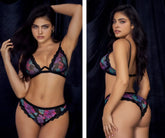 Black lace bra and matching panties set with vibrant purple pink and teal floral embroidery mapale 8771 two piece set