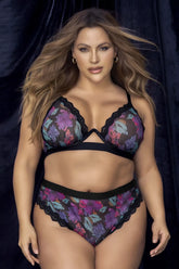 Mapale 8771x two piece set black lace trimmed floral bra and panties with purple pink and teal blossoms