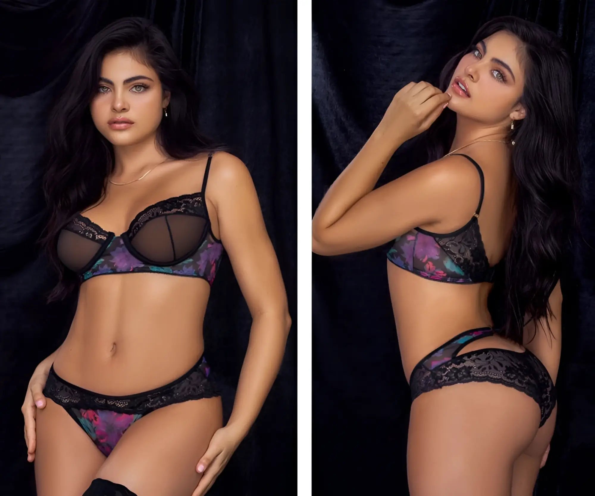 Black lace bra and matching panties two piece set with vibrant purple and teal floral print by Mapale 8772