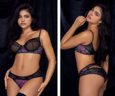 Black lace bra and matching panties two piece set with vibrant purple and teal floral print by Mapale 8772