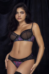 Black lace-trimmed bra with sheer mesh cups and vibrant purple floral pattern from mapale 8772 two piece set
