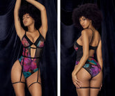 Black and vibrant floral-patterned Mapale 8774 teddy with sheer mesh panels and adjustable garter straps front view