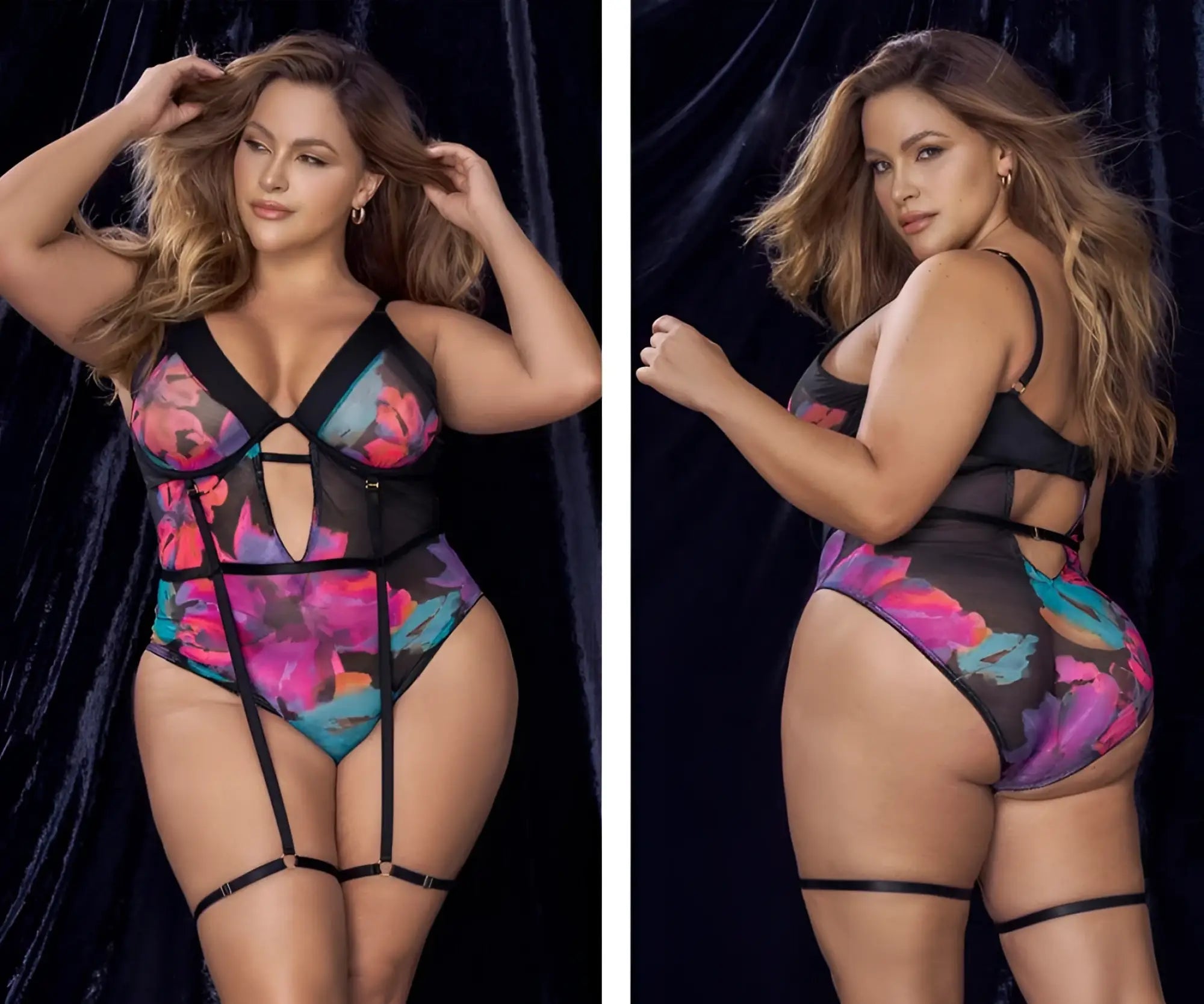 Black one-piece bodysuit with vibrant pink purple teal floral print and adjustable straps from Mapale 8774X teddy color dream