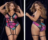 Black one-piece bodysuit with vibrant pink purple teal floral print and adjustable straps from Mapale 8774X teddy color dream