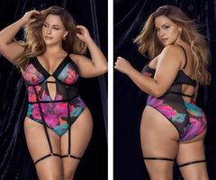 Black one-piece bodysuit with vibrant pink purple teal floral print and adjustable straps from Mapale 8774X teddy color dream