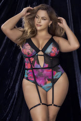 Mapale 8774x teddy in vibrant floral plus-size print with black lace-up straps and sheer mesh panels