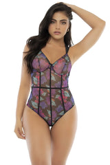 Mapale 8775 teddy sheer floral bodysuit with black lace trim and corset-style front in color dream flower print