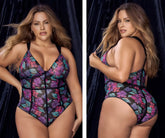 Mapale 8775x teddy color dream flower print plus-size one-piece bodysuit with vibrant floral purple pink teal on sheer black mesh