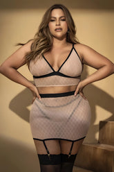 Beige mesh mapale 8776x two-piece lingerie set with black trim and garter straps in nude-black color