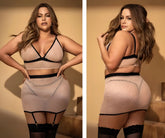 A plus-size woman models mapale 8776x nude black sheer lingerie set with black lace trim and matching garter belts