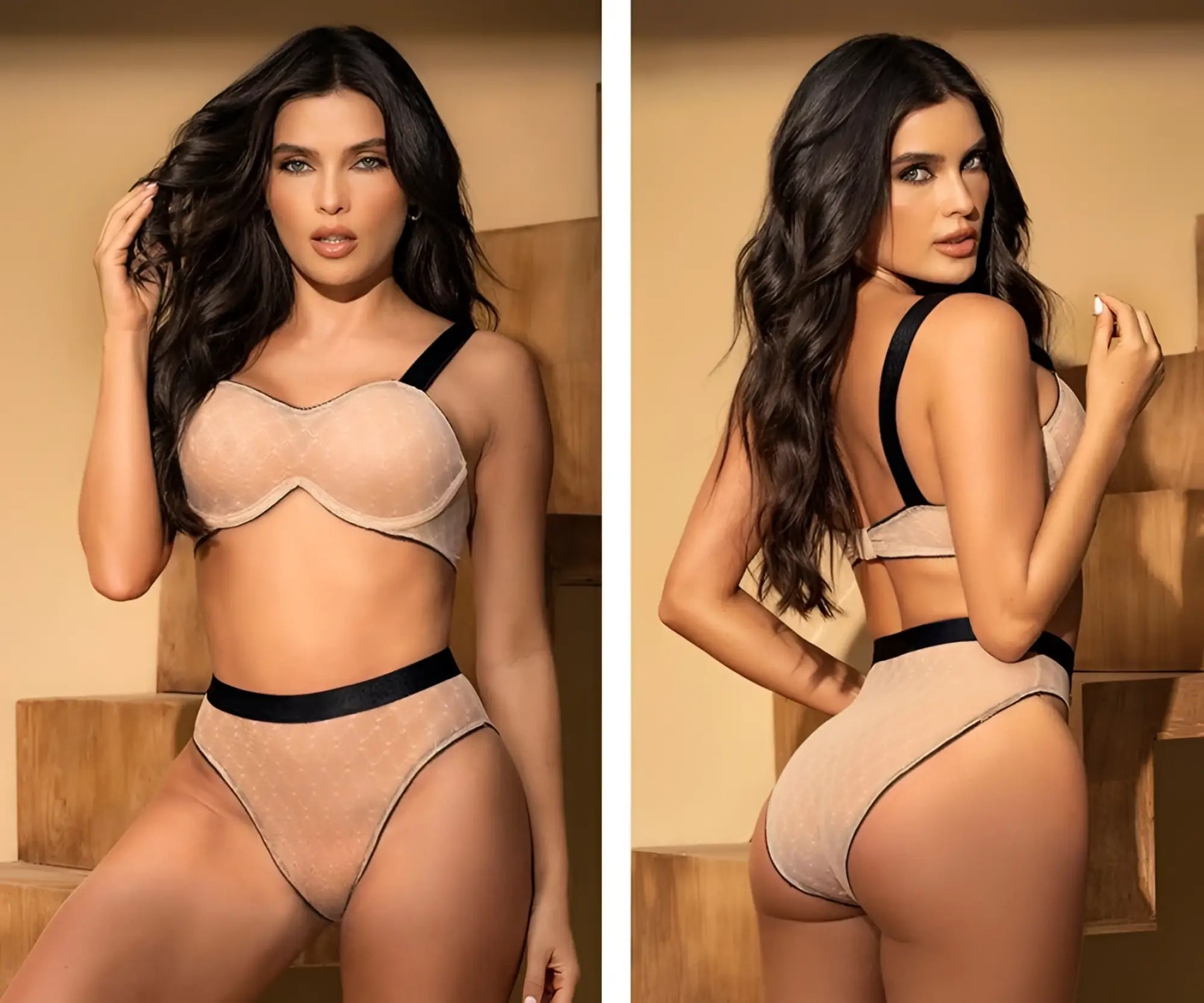 Beige lace bra and matching high-waisted briefs with black satin trim from mapale 8779 nude-black set