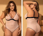Mapale 8782X plus-size bodysuit in sheer nude pink mesh with black satin trim and subtle dot pattern