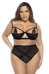 Black sheer lace lingerie two piece set by mapale 8784x with floral embroidery and crisscross high waisted bottoms