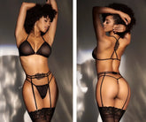 Black lace-trimmed sheer lingerie three piece set with floral detailing and adjustable straps by Mapale 8786 in black