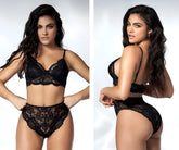 Black lace lingerie two piece set by Mapale 8796 with intricate floral patterns and thin spaghetti straps