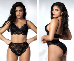 Black lace lingerie two piece set by Mapale 8796 with intricate floral patterns and thin spaghetti straps