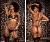 Black sheer lingerie three piece set with thin straps and lace trim by Mapale 8807 in black color