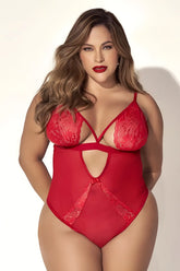 Red lace teddy by Mapale 8814X featuring sheer mesh panels and intricate floral embroidery in vibrant red