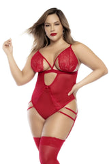 Red lace and mesh bodysuit with adjustable straps and thigh ties mapale 8814x teddy in red