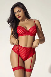 Red lace lingerie set by Mapale with striped mesh panels and matching garter belts in color red