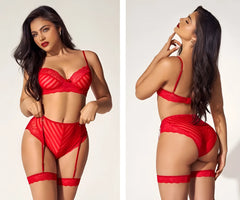 Red lace lingerie set with striped pattern and matching garter belt from Mapale 8815 two piece set in red