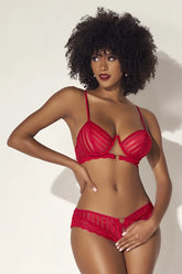 Red lace bra and matching panties set with thin straps and heart-shaped metal clasp by mapale 8816 two piece set red