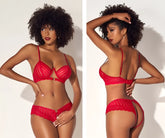Red lace lingerie set by mapale featuring a bra with thin straps and matching thong with floral patterns in red