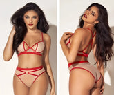 Mapale 8820 two piece set red lace lingerie with sheer mesh panels and bold red straps in nude red color
