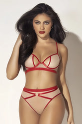 Mapale 8820 two piece set in nude and red mesh lingerie with intricate lace-up detailing