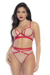 Mapale 8820 two piece red and nude sheer mesh lingerie set with heart shaped clasp at the waistband