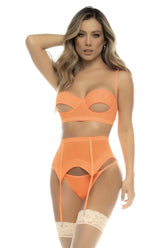 Mapale 8828 Sasha hot orange sheer lingerie set with cutout details and lace trim three piece design