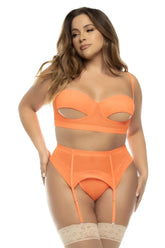 Orange sheer lingerie set with cutout details and lace trim mapale 8828x sasha three piece set plus color hot orange