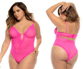 Mapale 8832X Debra bodysuit plus in hot pink sheer fabric with plunging neckline and side cutouts one-piece swimsuit
