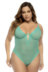 Mapale 8832x debra bodysuit plus in jade sheer mint green with plunging neckline and delicate straps
