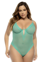 Mapale 8832x debra bodysuit plus in jade sheer mint green with plunging neckline and delicate straps