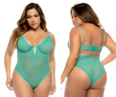 Teal sheer mesh bodysuit with matching bra and high waisted panties in mapale 8832x debra bodysuit plus color jade