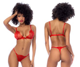 Red lace lingerie two piece set with thin straps and delicate bow detail by mapale 8844 in red