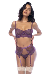 Purple lace lingerie three piece set with matching garter belt and stockings in mulberry by Mapale 8861