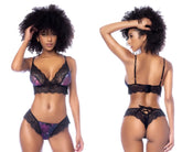 Black lace lingerie set with purple and pink floral cups and matching panties mapale 8864 two piece set color night butterfly