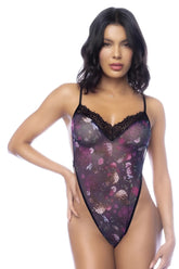 Mapale 8865 bodysuit night butterfly sheer black floral pattern with purple pink accents and lace trim