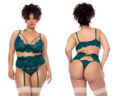 Mapale 8866X sea green three piece lace lingerie set with delicate floral patterns and matching garter straps