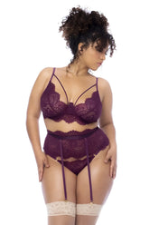 Purple lace lingerie set with matching suspenders and cream lace garter belts from mapale 8866X three piece set wine