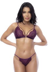 Mapale 8867 two piece set wine color purple lace bra with delicate floral patterns and matching thong with thin straps