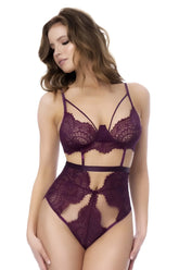 Mapale 8868 teddy color wine deep purple lace bodysuit with intricate floral patterns and high cut design