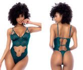 Sea green lace teddy with intricate floral patterns and thin straps by Mapale 8869 in teal color