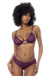 Wine purple lace bra and matching thong set with delicate straps and dotted pattern by mapale 8870 two piece set