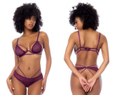 Mapale 8870 wine purple lace lingerie two piece set with intricate crisscross straps and sheer mesh design